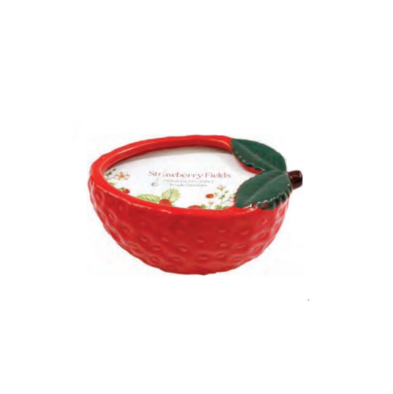 Candela profumata alla fragola contenuta in una fragola di ceramica, ideale come decorazione primaverile